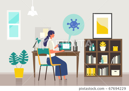 Illustration of a woman checking coronavirus information on a personal computer at home 67694229