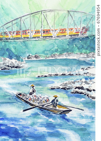 描繪保津川漂流的手繪水彩畫 描繪保津川漂流的手繪水彩畫 67694954
