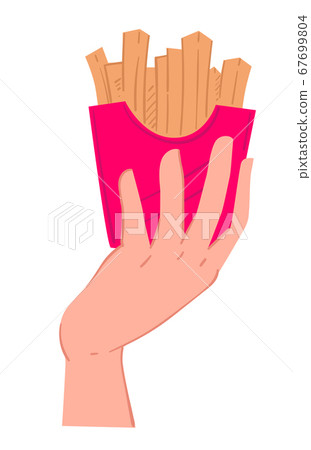 Hand holding pack of salty french fries vector Hand holding pack of salty french fries vector 67699804