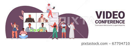 mix race people chatting during video call friends having online conference meeting communication 67704710