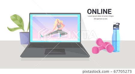 woman doing yoga fitness exercises on laptop screen online training healthy lifestyle concept woman doing yoga fitness exercises on laptop screen online training healthy lifestyle concept 67705273