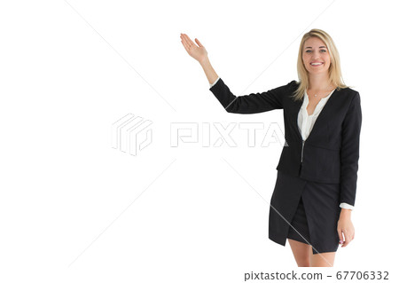 Beautiful model girl presentation happy smile isolated on white with clipping path Beautiful model girl presentation happy smile isolated on white with clipping path 67706332