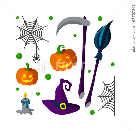 Set of Halloween objects. Witch broom, spider nets, pumpkins, candle and the Grim Reapers scythe. Vector illustration. 67707868