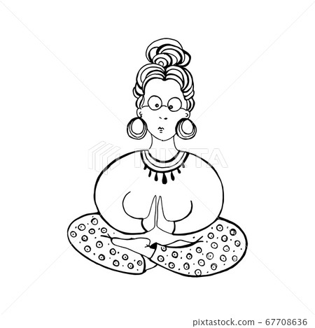 Girl in yoga lotus pose. Hand drawn character. Black and white vector illustration. 67708636