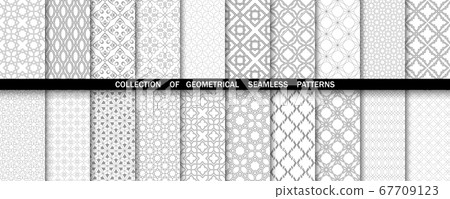 Geometric collection of gray and white patterns. 67709123