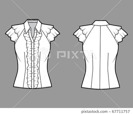 Ruffled shirt technical fashion illustration with sharp collar, fluttery ruffles short sleeves, fitted body. Ruffled shirt technical fashion illustration with sharp collar, fluttery ruffles short sleeves, fitted body. 67711757