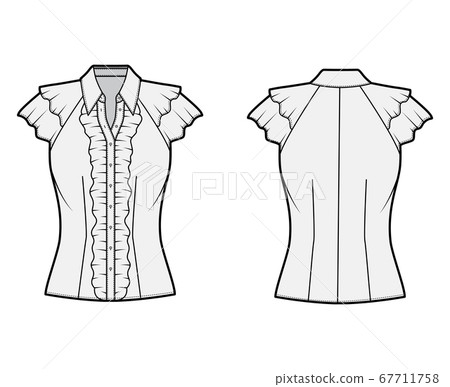 Ruffled shirt technical fashion illustration with sharp collar, fluttery ruffles short sleeves, fitted body. Ruffled shirt technical fashion illustration with sharp collar, fluttery ruffles short sleeves, fitted body. 67711758
