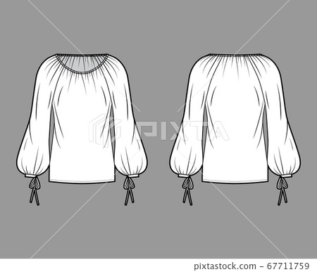 Blouse technical fashion illustration with wide round neckline, breezy silhouette, pintucked pleats, bishop sleeves. Blouse technical fashion illustration with wide round neckline, breezy silhouette, pintucked pleats, bishop sleeves. 67711759