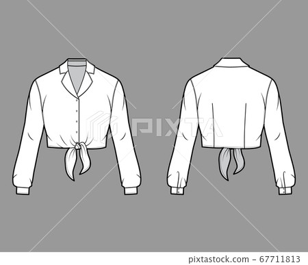 Cropped tie-front shirt technical fashion illustration with notched lapel collar and long sleeves. Cropped tie-front shirt technical fashion illustration with notched lapel collar and long sleeves. 67711813