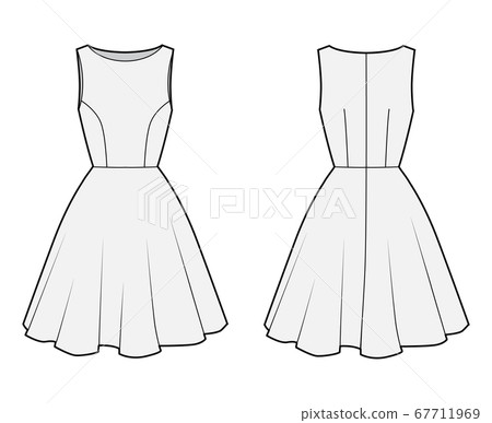 Dress technical fashion illustration with fitted body, boat neck, sleeveless, semi-circular fullness, knee length. 67711969
