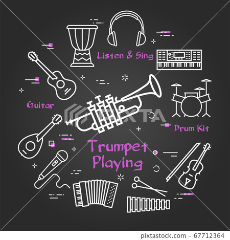 Vector black linear banner for music - trumpet playing Vector black linear banner for music - trumpet playing 67712364