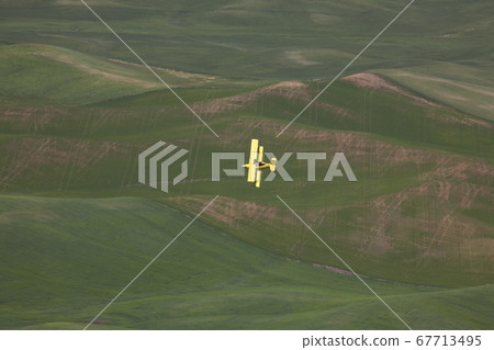 Yellow airplane on green field 67713495