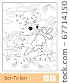 Colorless vector contour illustration of bunny in a hat picking carrots in a wood isolated on white background. Wild animals preschool kids coloring pages and developmental activity. 67714150
