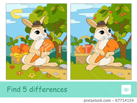 Find five differences quiz learning children game with cute bunny in a hat picking carrots in a basket in a wood. Colorful image of wild animals. Developmental activity for young children. 67714154