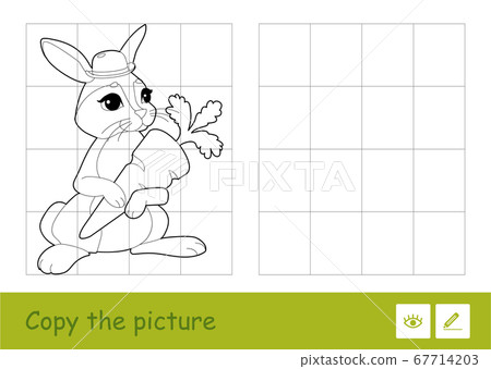 Copy the picture by squares and color it quiz learning children game with simple contour illustration of cute bunny holding a carrot for the youngest children. Fun and learning of animals for kids. 67714203