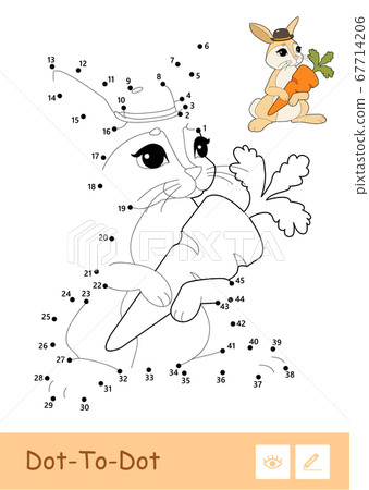 Colorful vector template and colorless contour dot-to-dot cute bunny isolated on white background. Wild animals preschool kids coloring book illustrations and developmental activity. 67714206