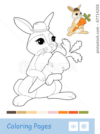 Colorful template and colorless contour image of cute bunny holding a carrot isolated on white background. Wild animals preschool kids coloring book illustrations and developmental activity. 67714208