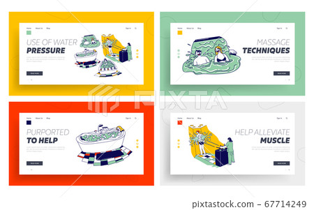 Characters Enjoying Hydromassage Landing Page Template Set. Men Women Sit in Bath Tub, Patient Procedure with Aqua Jet Characters Enjoying Hydromassage Landing Page Template Set. Men Women Sit in Bath Tub, Patient Procedure with Aqua Jet 67714249