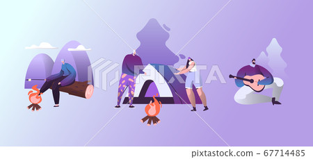 Company of Young People Spend Time at Summer Camp in Deep Forest. Set Up Tent, Playing Guitar at Campfire. Men and Woman Friends Hiking with Backpack on Vacation. Cartoon Flat Vector Illustration 67714485