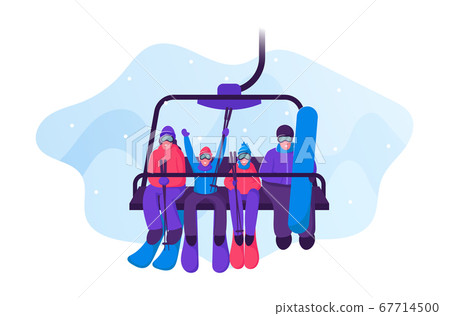 Happy Family with Skiing and Skateboarding Equipment Rise to Ski Lift Elevator. Parents and Kids Go Up Hill on Cable Rope Mountain Funicular with Skis and Snowboard. Cartoon Flat Vector Illustration Happy Family with Skiing and Skateboarding Equipment Rise to Ski Lift Elevator. Parents and Kids Go Up Hill on Cable Rope Mountain Funicular with Skis and Snowboard. Cartoon Flat Vector Illustration 67714500
