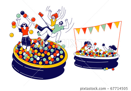 Happy Kids and Adult Characters Playing in Ball Pool. Amusement Park Recreation, Birthday or Event Celebration, Fun Happy Kids and Adult Characters Playing in Ball Pool. Amusement Park Recreation, Birthday or Event Celebration, Fun 67714505