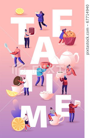Tea Time Concept with Tiny Men and Women Drink Tea with Pastry, Rolling Lemon Slice to Huge Cup with Hot Tea, Festive Winter Time Party Poster, Banner, Flyer, Brochure Cartoon Flat Vector Illustration 67714940