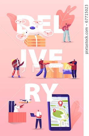 People Using Drones for Food Delivery Concept. Quadcopters Bringing Pizza to Characters. Aerial Drone Remote Control 67715023