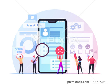 User Experience, Customer Review, Rating. Tiny People Put Check Marks and Stars in Huge Mobile Application, Feedback User Experience, Customer Review, Rating. Tiny People Put Check Marks and Stars in Huge Mobile Application, Feedback 67715050