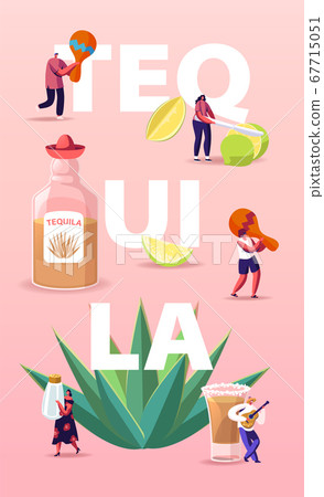 People Drinking Tequila Concept. Tiny Characters with Maracas, Salt and Lime at Huge Bottle and Agave Azul Plant Poster People Drinking Tequila Concept. Tiny Characters with Maracas, Salt and Lime at Huge Bottle and Agave Azul Plant Poster 67715051
