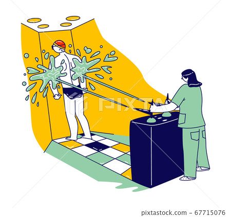 Young Man in Swimsuit Apply High Pressure Massage with Charcot Shower in Spa Salon or Sanatorium, Hydromassage Procedure Young Man in Swimsuit Apply High Pressure Massage with Charcot Shower in Spa Salon or Sanatorium, Hydromassage Procedure 67715076