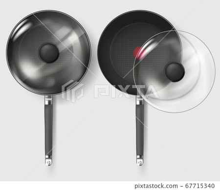 Realistic Classic fry pan with glass lid and handle. Vector 67715340
