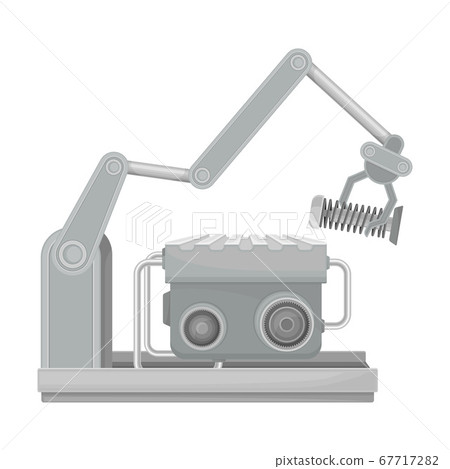 Robotic Arm Assembling Engine on Conveyor Belt as Car Production Vector Illustration 67717282