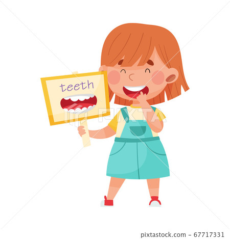 Cheerful Girl Character Holding Flashcard with Teeth Image Vector Illustration Cheerful Girl Character Holding Flashcard with Teeth Image Vector Illustration 67717331