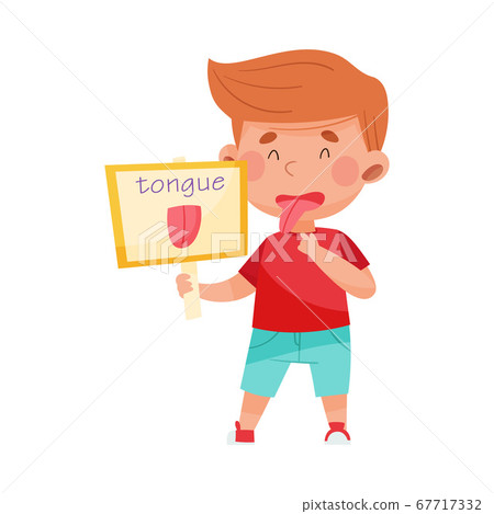 Cheerful Boy Character Holding Flashcard with Tongue Image Vector Illustration 67717332