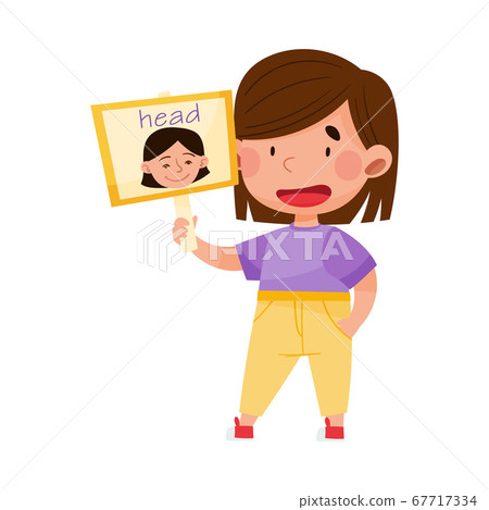 Smiling Girl Character Holding Flashcard with Head Image Vector Illustration Smiling Girl Character Holding Flashcard with Head Image Vector Illustration 67717334