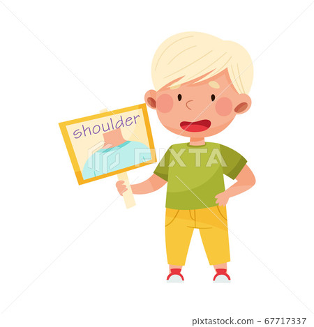 Cute Boy Character Holding Card with Shoulder Picture Vector Illustration 67717337