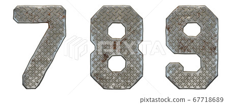 Set of numbers 7, 8, 9 made of industrial metal on white background 3d Set of numbers 7, 8, 9 made of industrial metal on white background 3d 67718689