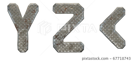 Set of capital letters Y, Z and symbol left angle bracket made of industrial metal isolated on white background. 3d Set of capital letters Y, Z and symbol left angle bracket made of industrial metal isolated on white background. 3d 67718743