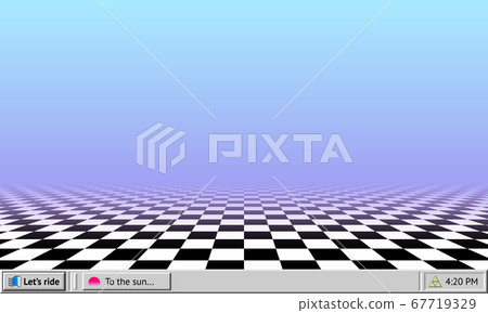 Vaporwave abstract background with retro computer interface worktable and checkered floor wallpaper Vaporwave abstract background with retro computer interface worktable and checkered floor wallpaper 67719329