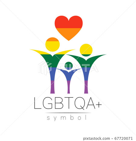 Vector LGBTQA family symbol. Pride flag background. Icon for gay, lesbian, bisexual, transsexual, queer and allies person. Can be use for sign activism, psychology or counseling. LGBT on white. 67720071