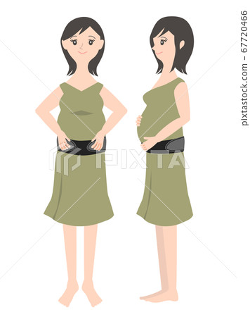 Illustration material: A smiling pregnant woman wearing a pelvic belt over a dress 67720466
