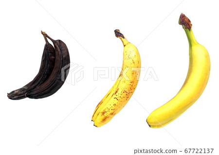 Ripe, over-ripe and spoiled bananas on a white background.  67722137