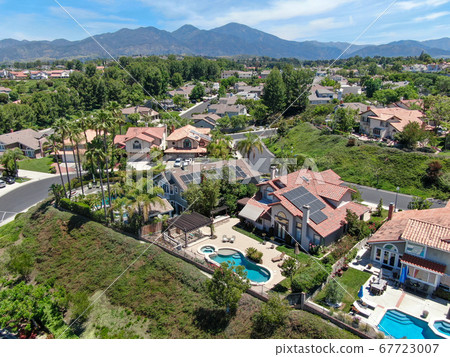 Aerial view of master-planned private communities with big villas with swimming pool, Mission Viejo. 67723007