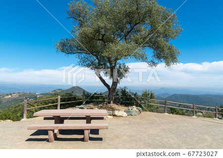 Resting area with bench on the top of the Double Peak Park in San Marcos Resting area with bench on the top of the Double Peak Park in San Marcos 67723027
