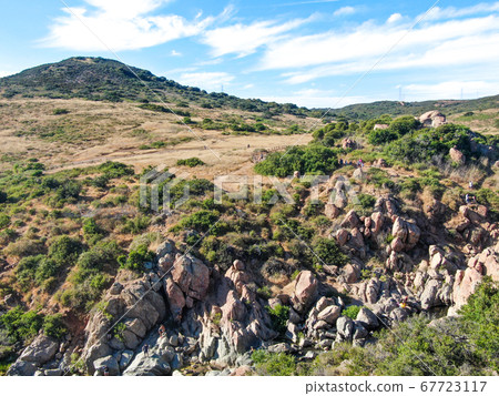 Aerial view of Los Penasquitos Canyon Preserve with the creek waterfall, San Diego 67723117