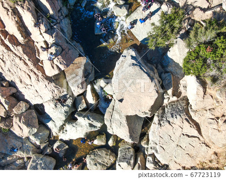 Aerial view of Los Penasquitos Canyon Preserve with the creek waterfall, San Diego 67723119