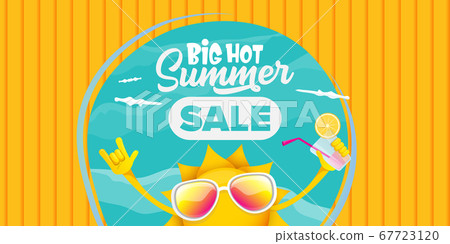 summer sale cartoon horizontal web banner or vector label with happy sun character wearing sunglasses and holding cocktail isolated on horizontal background 67723120