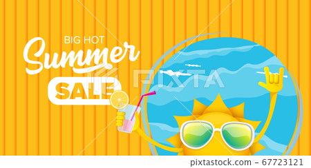 summer sale cartoon horizontal web banner or vector label with happy sun character wearing sunglasses and holding cocktail isolated on horizontal background 67723121