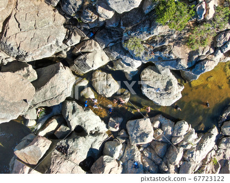 Aerial view of Los Penasquitos Canyon Preserve with the creek waterfall, San Diego 67723122