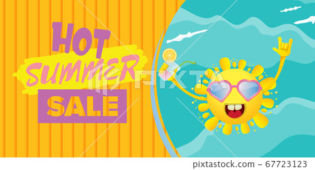 summer sale cartoon horizontal web banner or vector label with happy sun character wearing sunglasses and holding cocktail isolated on horizontal background 67723123